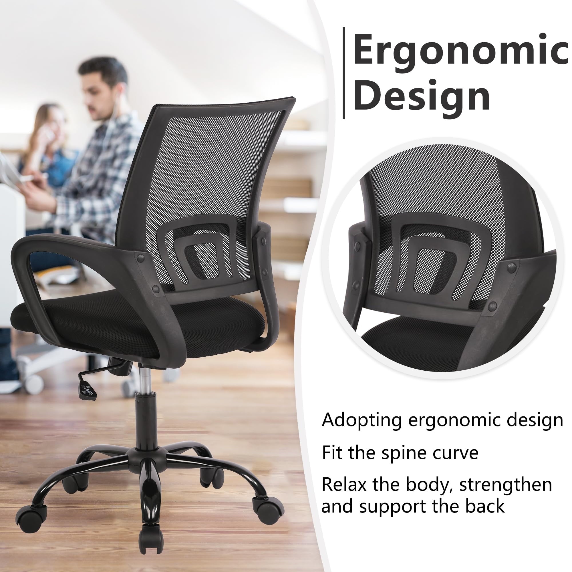JONPONY Ergonomic Office Chair, Lumbar Support, Adjustable Height with Armrests for Adults,Black
