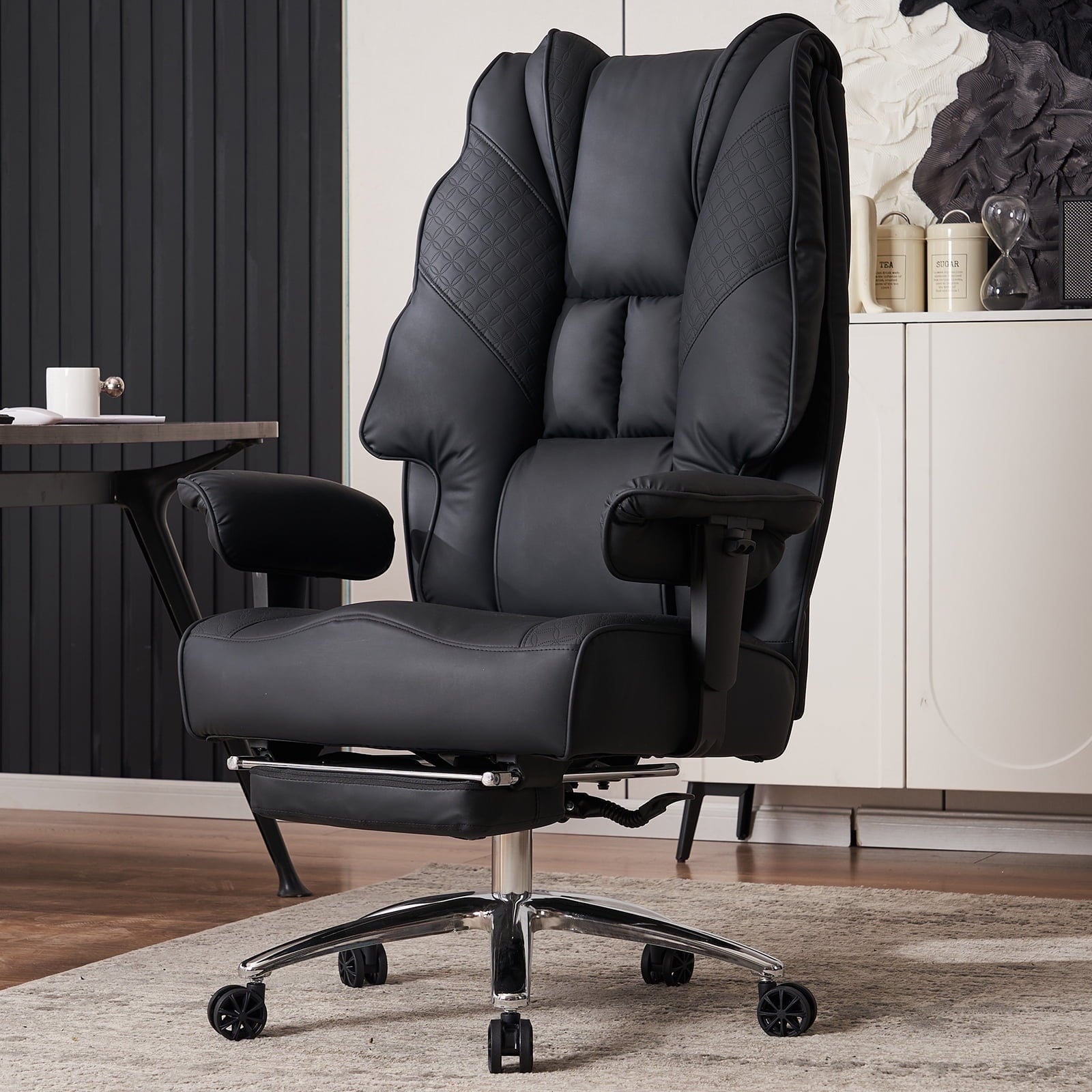 ATMILD High Back Ergonomic Office Chair Big and Tall Leather Executive Computer Desk Chair with Footrest, Black