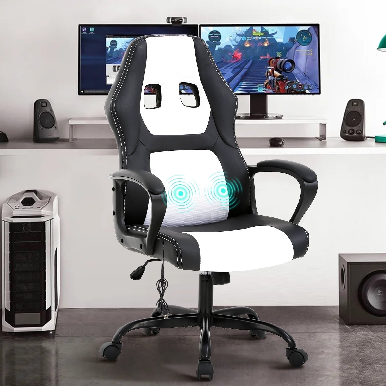 NiamVelo Leather Gaming Chair Ergonomic Video Game Chairs with Flip up Arms, Adjustable Rolling Swivel Chair for Adult Teen, White