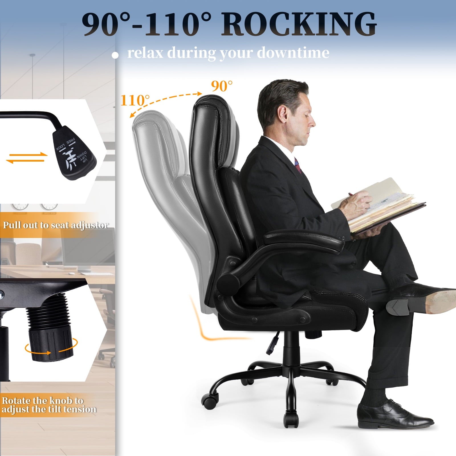 Bossin Big and Tall Executive Office Chair 400lbs with Flip-up Arms for Adult, Ergonomic High Back Lumber Support Adjustable Computer Desk Chair