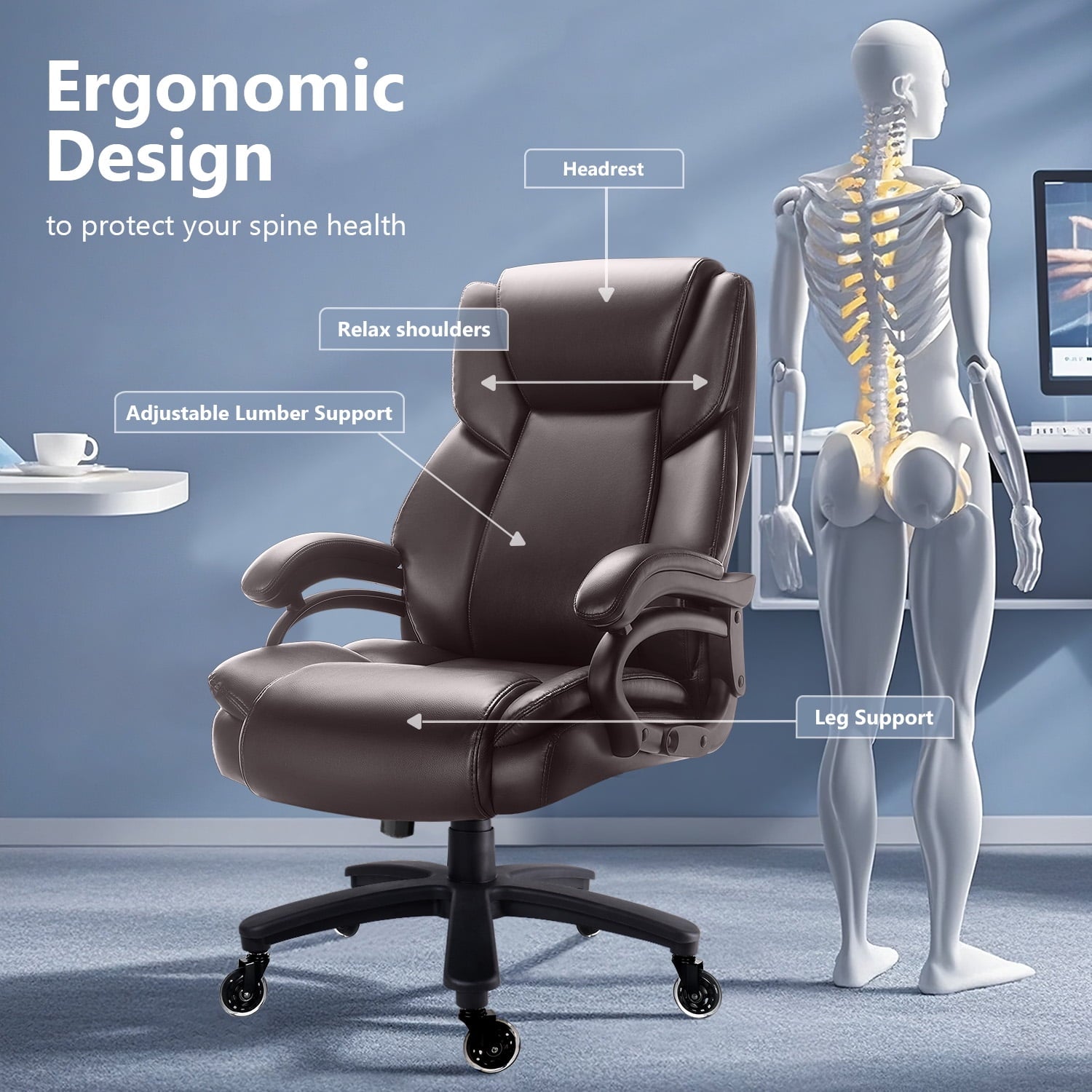 BOSSIN 500lbs Big and Tall Office Chair,Heavy Duty Computer Desk Chair with Adjustable Lumbar Support