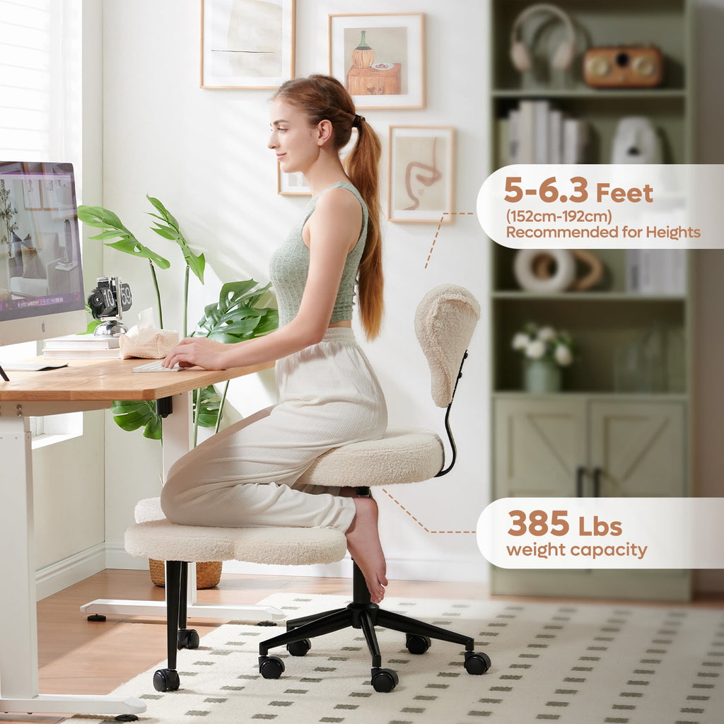 Pinmoco Cross Legged Office Chair, White Boucle Ergonomic Criss Cross Swivel Desk Chair, Heavy Duty 385 lbs Wide Seat for Meditation& ADHD, Armless