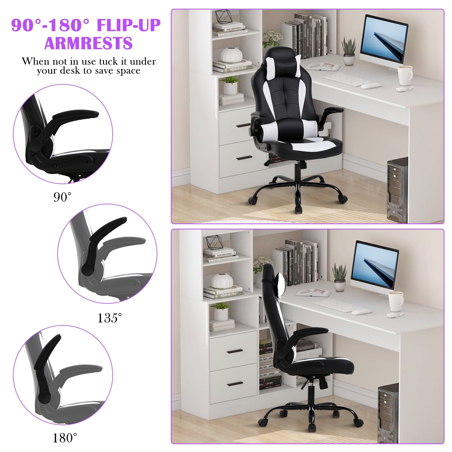 NiamVelo Leather Gaming Chair Ergonomic Video Game Chairs with Flip up Arms, Adjustable Rolling Swivel Chair for Adult Teen, White